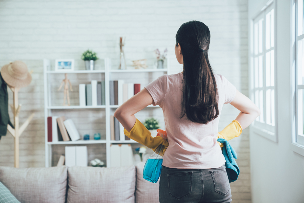 Back,View,Of,Asian,Housekeeper,Looking,At,The,Clean,Living